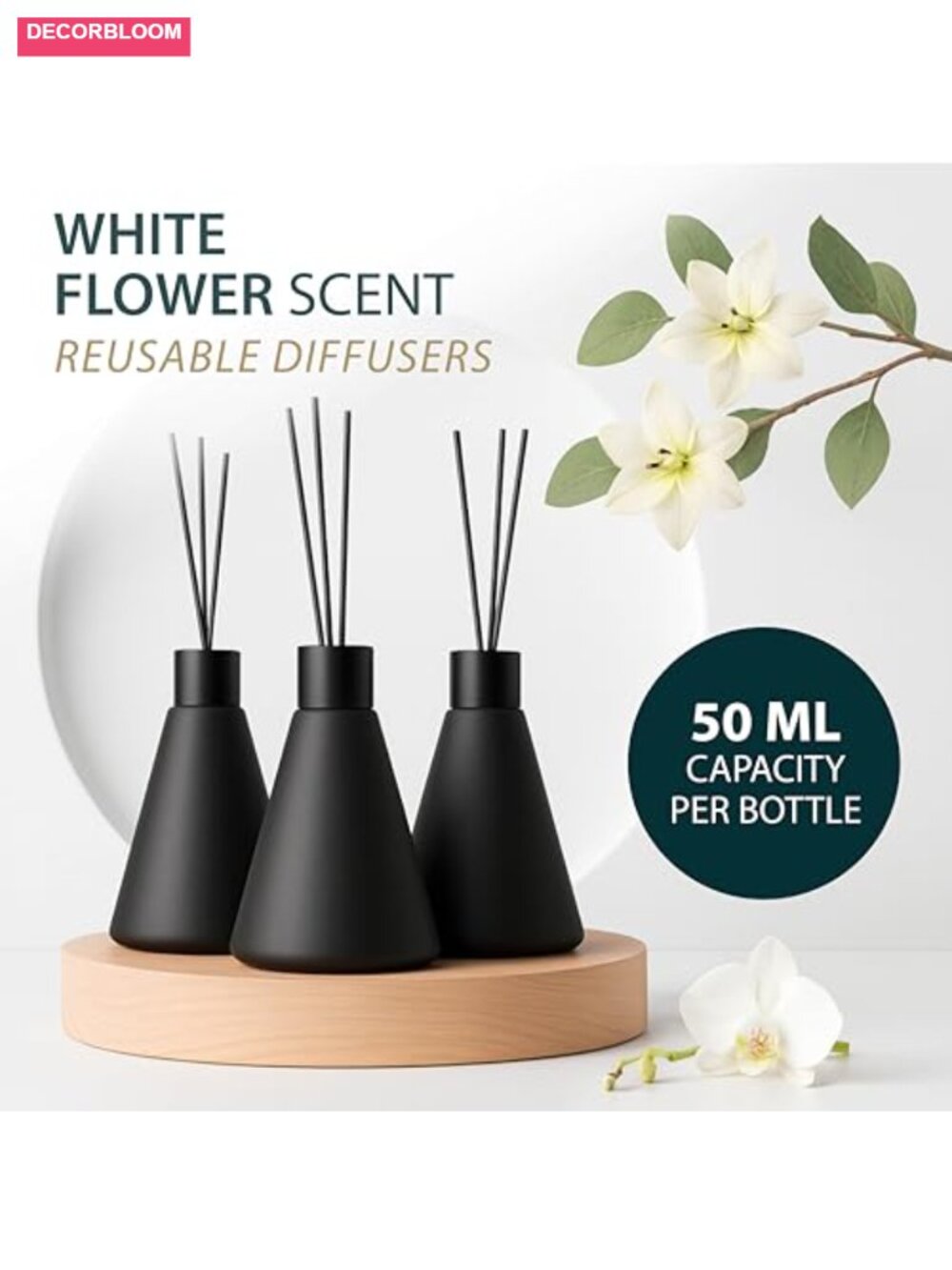 Reed Diffuser Set of 3, White Flower Scent, 50ml, Home Fragrance for Bathroom & - Picture 3 of 6